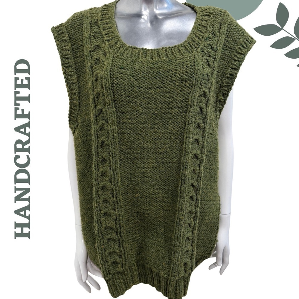 Hand Knit Olive Green Sleeveless Sweater Vest | Cozy Chunky Oversized